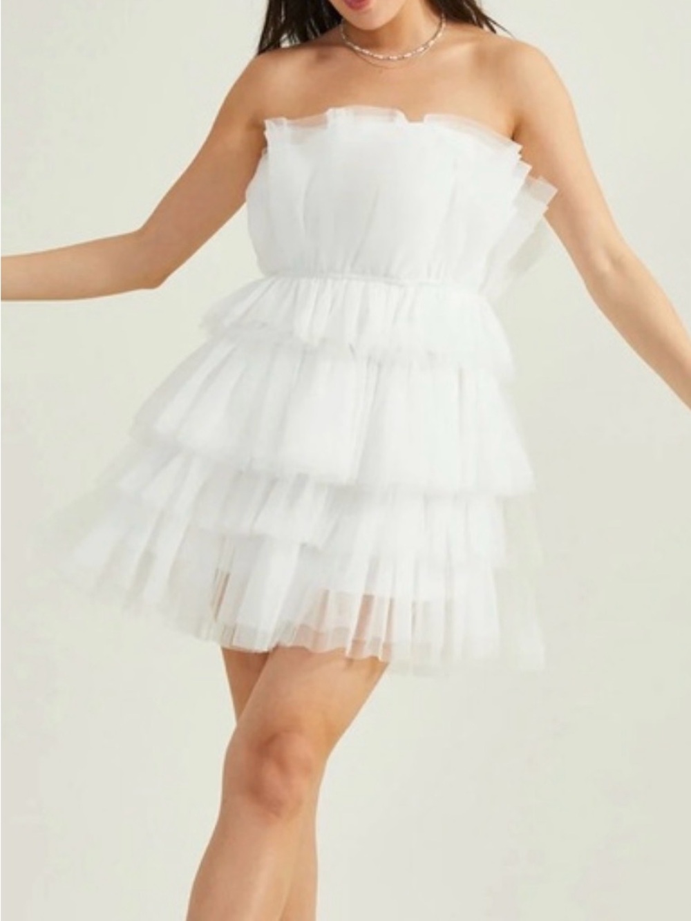 White Strapless Tiered Tulle Mini Dress